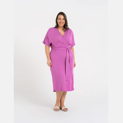 RÓŻOWA SUKIENKA damska MIDI kopertowy dekolt, ROZCIĘCIE MORAJ